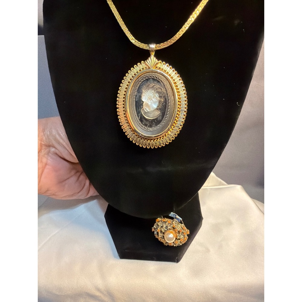 Vintage Gold Tone Cameo Pendant Necklace and Faux Pearl Cluster Ring Set